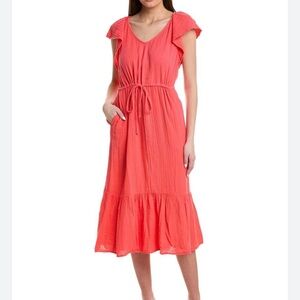 TIME AND TRU Coral Belted Ruffled Midi Dress S NWOT